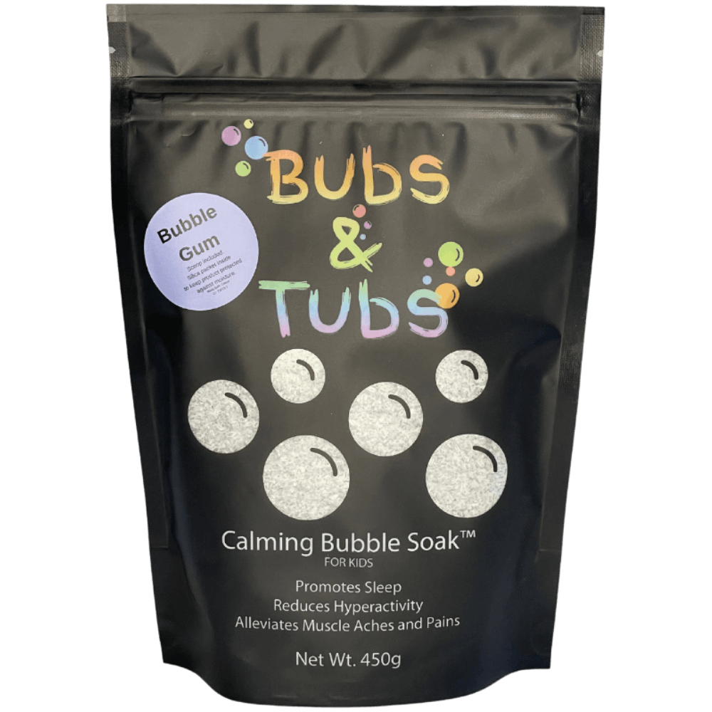 Bubble Gum by Bubs & Tubs, a colorful kids’ bubble bath made with magnesium sulfate, shown in vibrant packaging