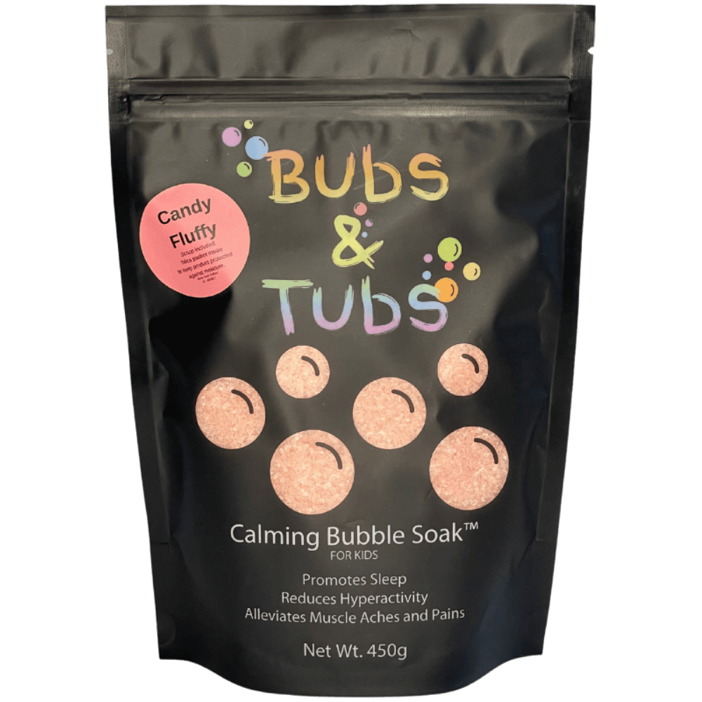 450g pouch of Calming Bubble Soak™ – Cotton Candy by Bubs & Tubs, a colorful kids’ bubble bath made with magnesium sulfate, shown in vibrant packaging