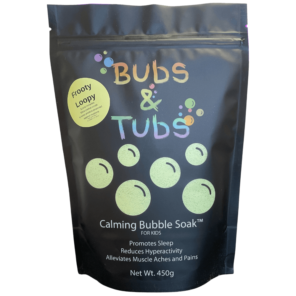 450g pouch of Calming Bubble Soak™ – Frooty Loopy by Bubs & Tubs, a colorful kids’ bubble bath made with magnesium sulfate, shown in vibrant packaging
