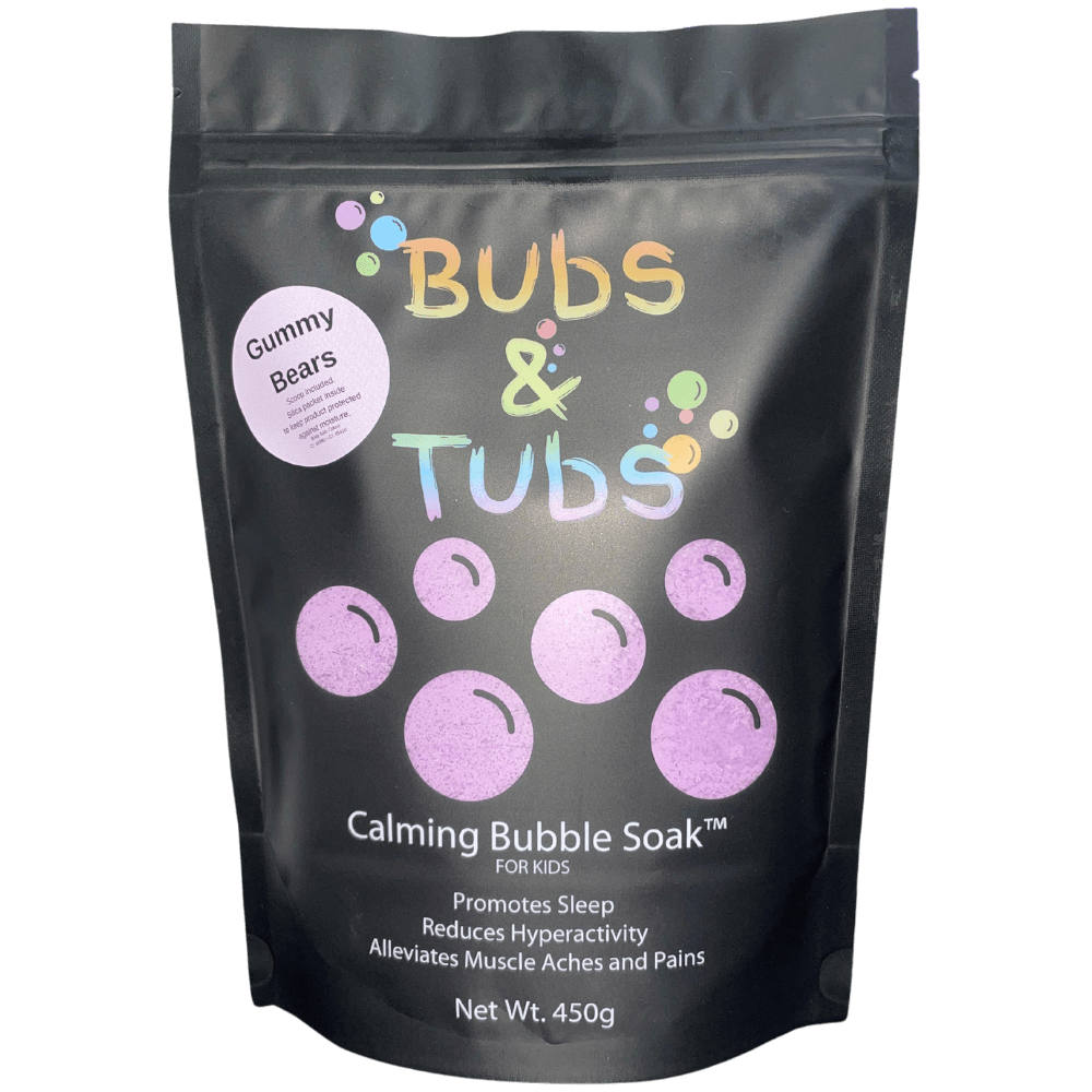 450g pouch of Calming Bubble Soak™ – Gummy Bears by Bubs & Tubs, a colorful kids’ bubble bath made with magnesium sulfate, shown in vibrant packaging