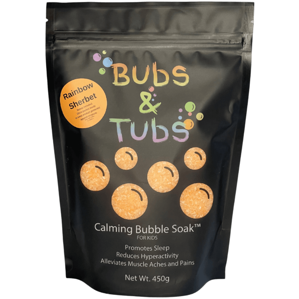 450g pouch of Calming Bubble Soak™ – Rainbow Sherbet by Bubs & Tubs, a colorful kids’ bubble bath made with magnesium sulfate, shown in vibrant packaging