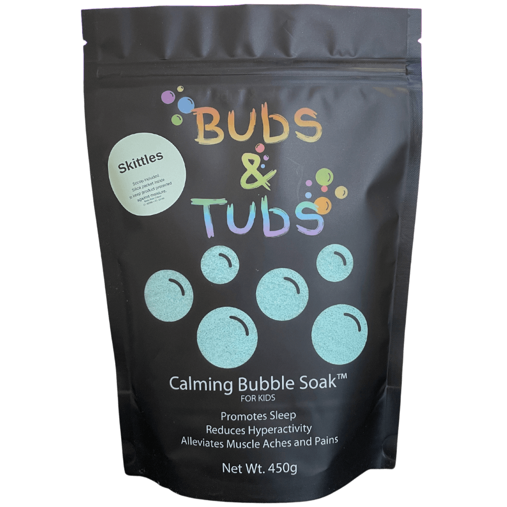 450g pouch of Calming Bubble Soak™ – Skittles by Bubs & Tubs, a colorful kids’ bubble bath made with magnesium sulfate, shown in vibrant packaging