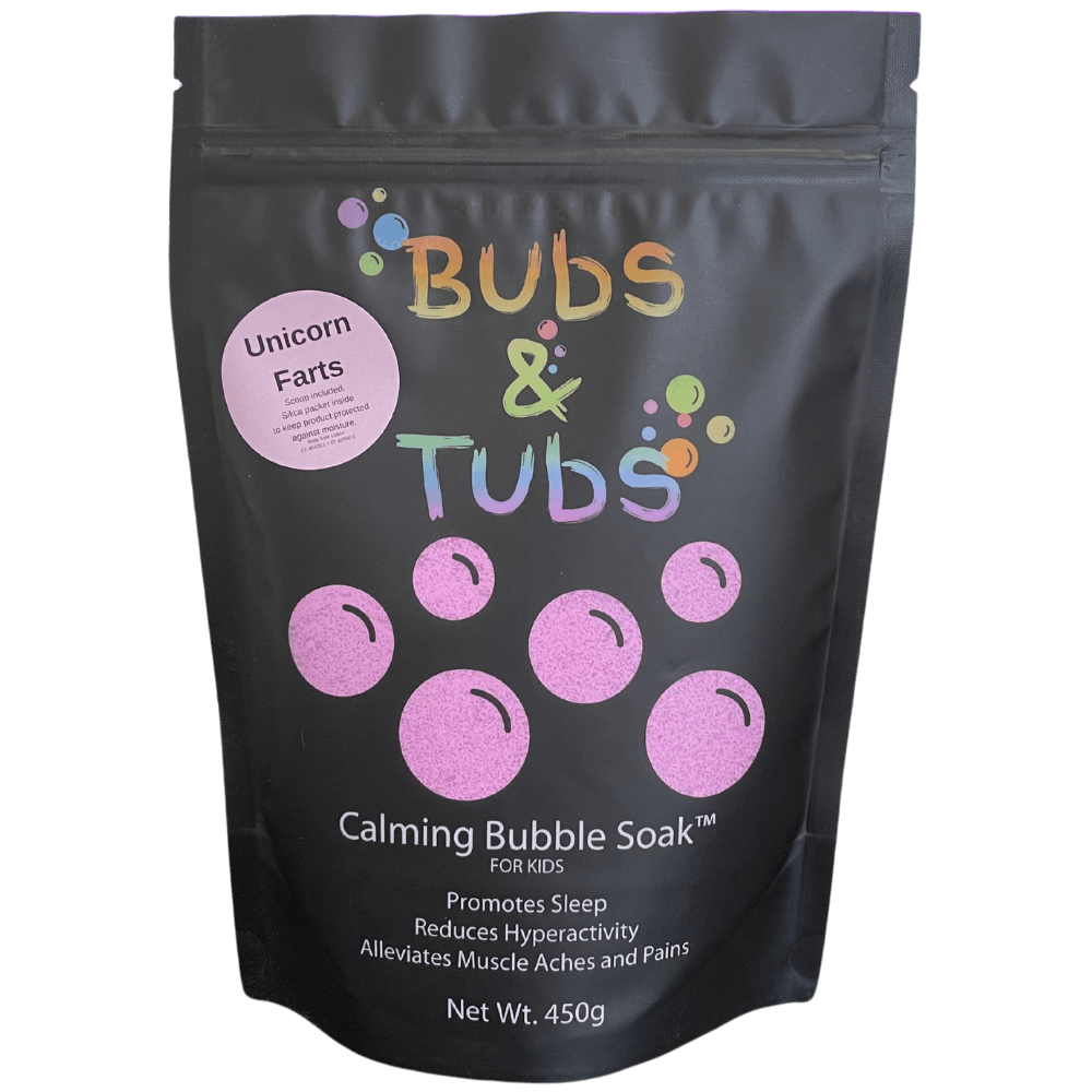 450g pouch of Calming Bubble Soak™ – Unicorn Farts by Bubs & Tubs, a colorful kids’ bubble bath made with magnesium sulfate, shown in vibrant packaging