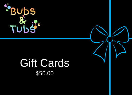 Bubs & Tubs $50 Gift Card – colourful bubble-themed logo on a black background with a blue outline of a gift box and bow.