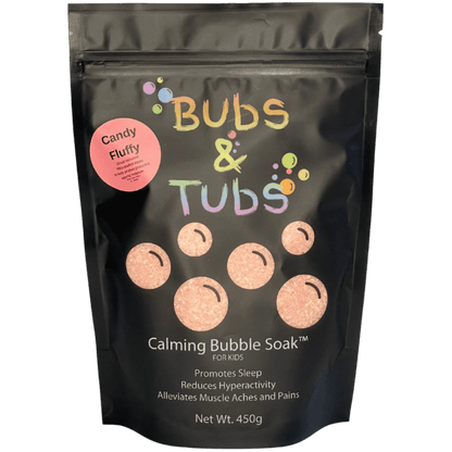 450g pouch of Calming Bubble Soak™ – Cotton Candy by Bubs & Tubs, a colorful kids’ bubble bath made with magnesium sulfate, shown in vibrant packaging
