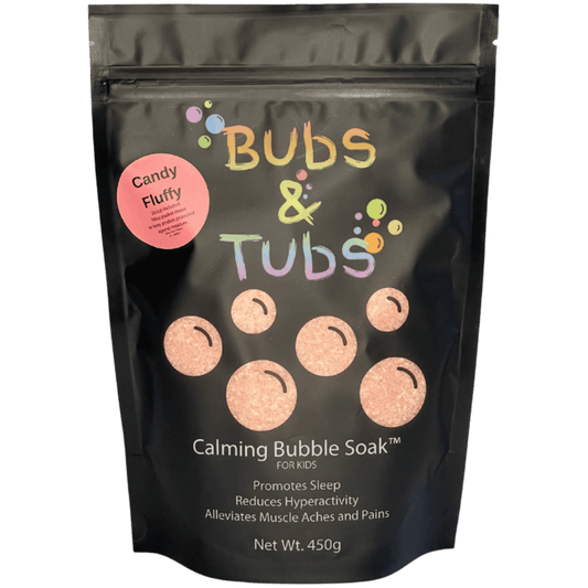 450g pouch of Calming Bubble Soak™ – Cotton Candy by Bubs & Tubs, a colorful kids’ bubble bath made with magnesium sulfate, shown in vibrant packaging