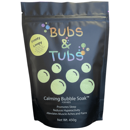 450g pouch of Calming Bubble Soak™ – Frooty Loopy by Bubs & Tubs, a colorful kids’ bubble bath made with magnesium sulfate, shown in vibrant packaging
