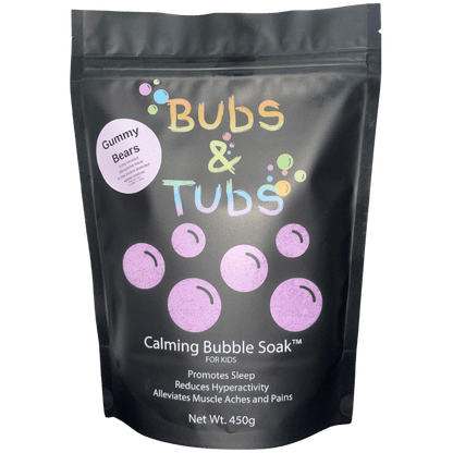 450g pouch of Calming Bubble Soak™ – Gummy Bears by Bubs & Tubs, a colorful kids’ bubble bath made with magnesium sulfate, shown in vibrant packaging