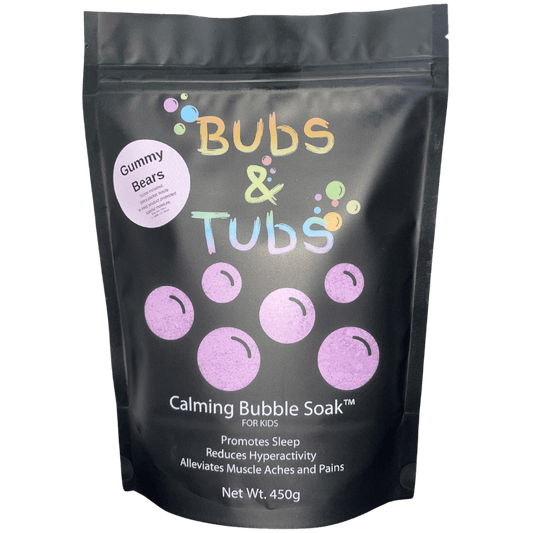 450g pouch of Calming Bubble Soak™ – Gummy Bears by Bubs & Tubs, a colorful kids’ bubble bath made with magnesium sulfate, shown in vibrant packaging