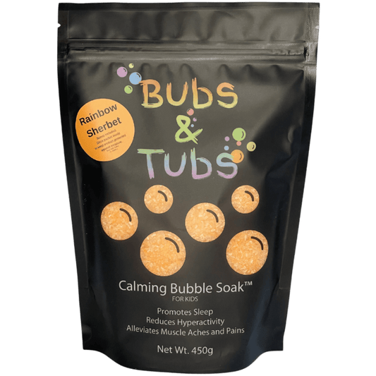 450g pouch of Calming Bubble Soak™ – Rainbow Sherbet by Bubs & Tubs, a colorful kids’ bubble bath made with magnesium sulfate, shown in vibrant packaging