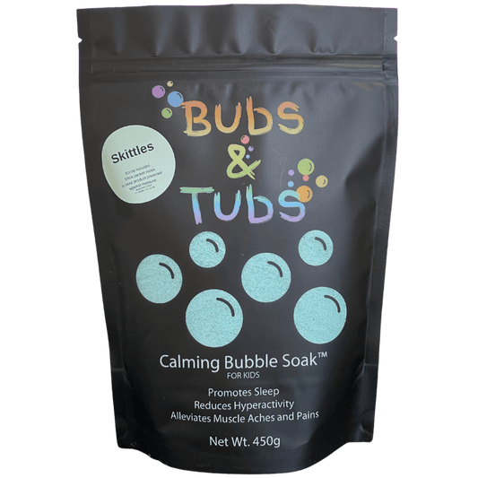 450g pouch of Calming Bubble Soak™ – Skittles by Bubs & Tubs, a colorful kids’ bubble bath made with magnesium sulfate, shown in vibrant packaging