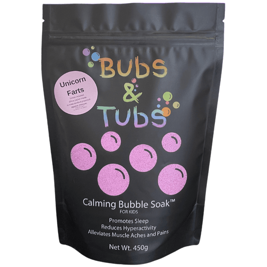 450g pouch of Calming Bubble Soak™ – Unicorn Farts by Bubs & Tubs, a colorful kids’ bubble bath made with magnesium sulfate, shown in vibrant packaging
